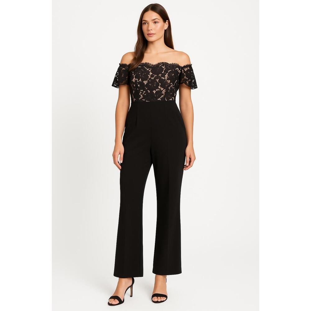 Eliza J Jumpsuit‎ Womens Size 6 Black Off Shoulder Lace Evening Cocktail